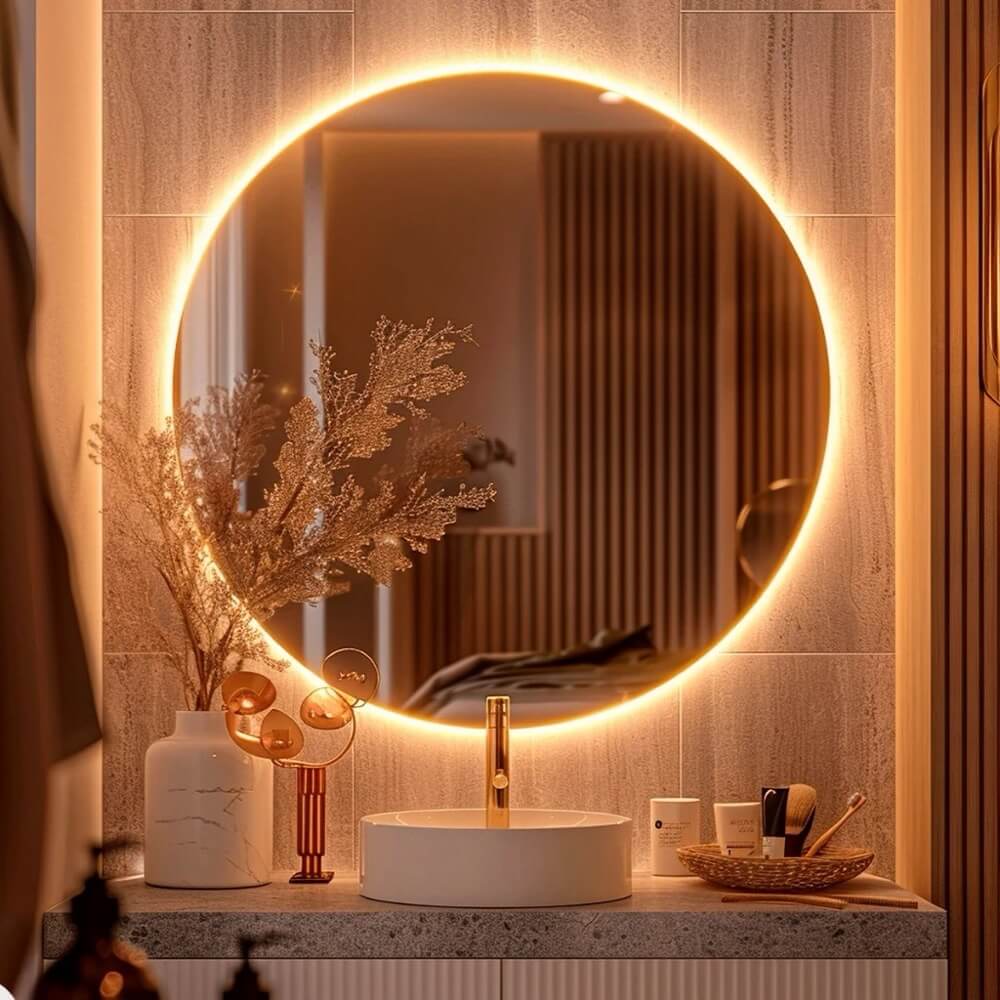 Espelho redondo com iluminação LED integrada na borda para banheiro, escritório, sala e quarto