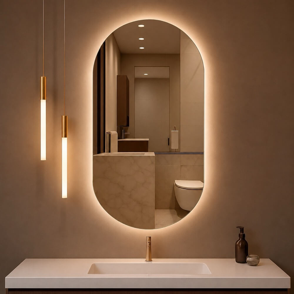 Espelho oval moderno com iluminação LED em luz quente e fria para banheiro e quarto