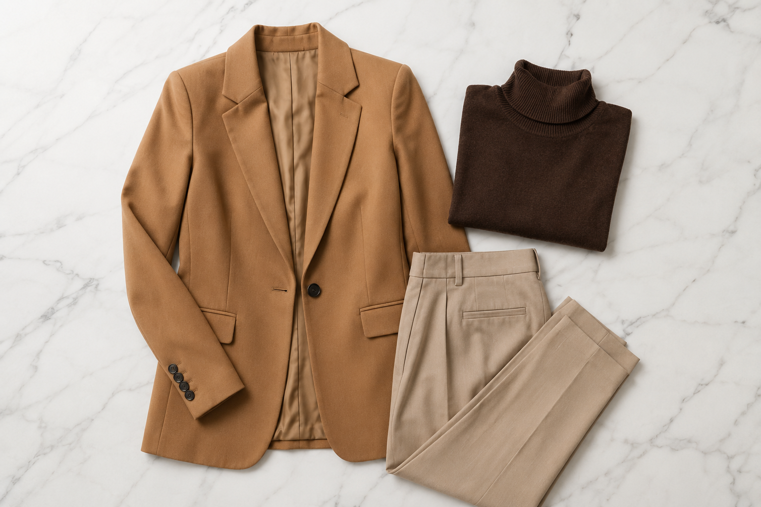 Composição de sobreposições com vestido, blazer caramelo e tricô marrom chocolate — como usar camadas no inverno 2026