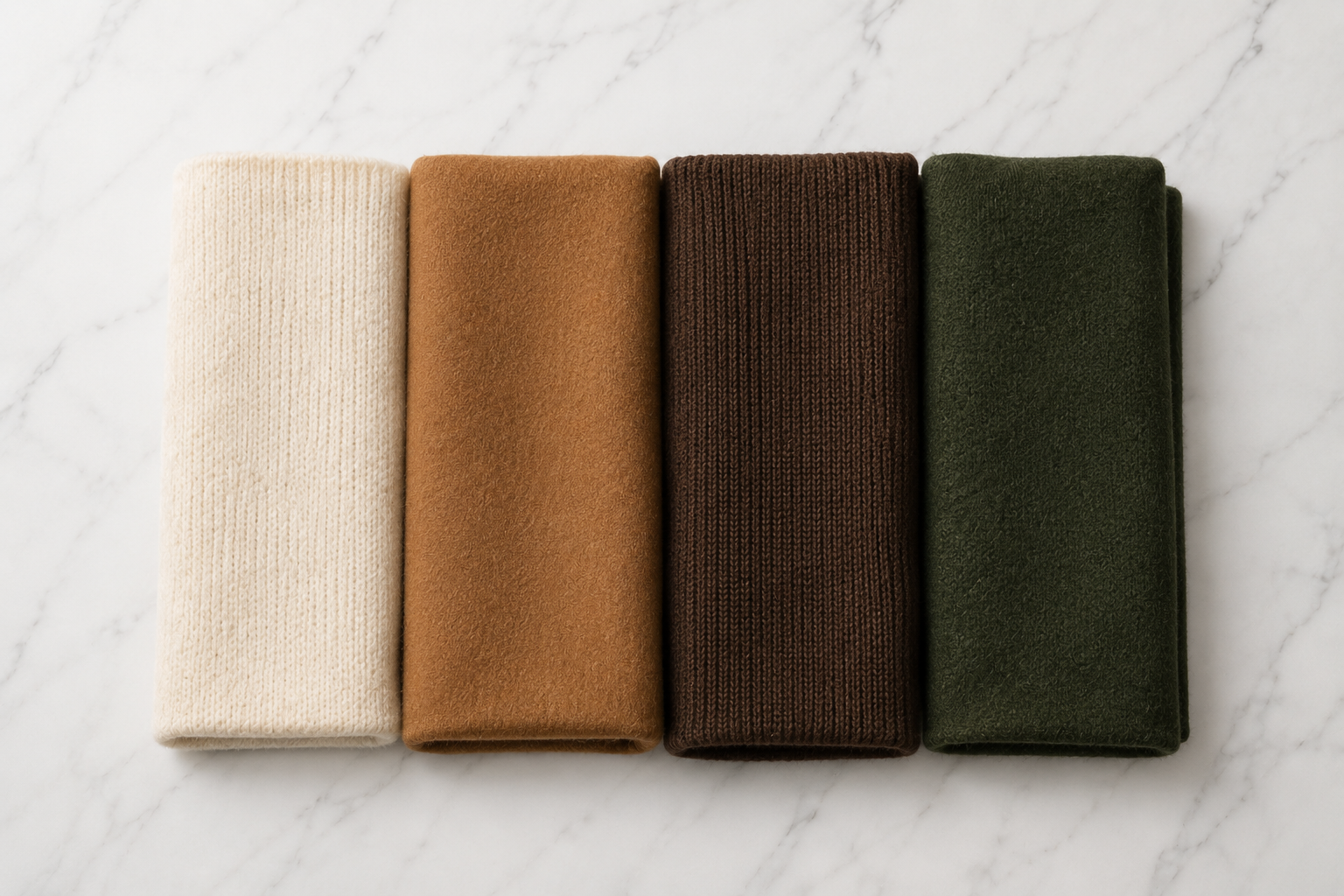 Amostras de tecido mostrando a paleta de cores do inverno 2026: off-white, bege, caramelo, marsala e verde militar