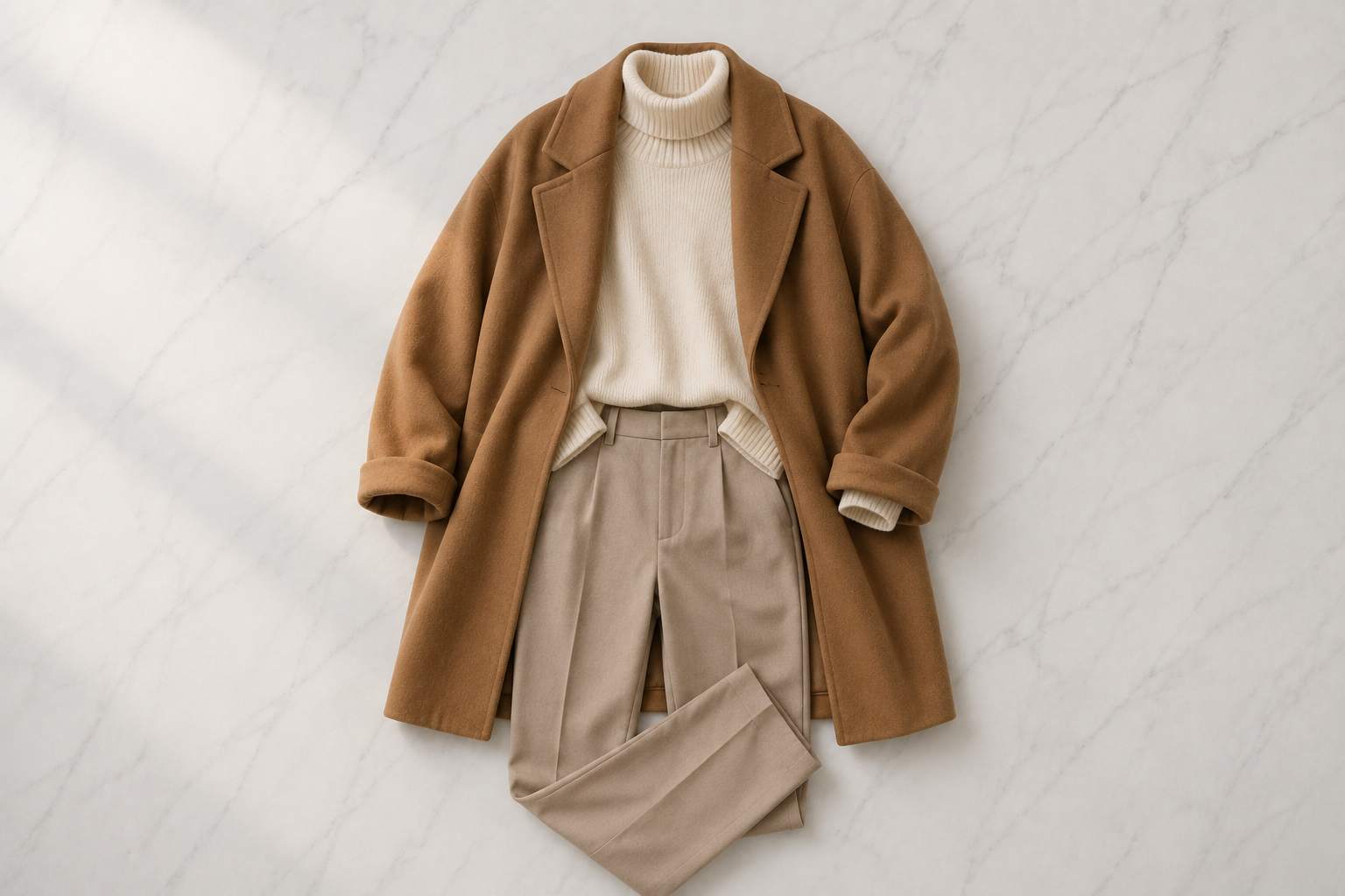 Outfit flatlay completo de inverno 2026 com casaco caramelo, suéter off-white, calça bege e botas pretas