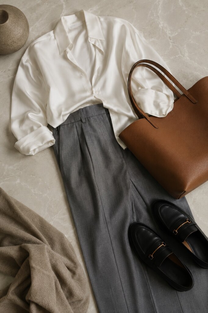 Flat lay de look casual elegante: calça de alfaiataria, camisa de seda, loafer preto e bolsa tote