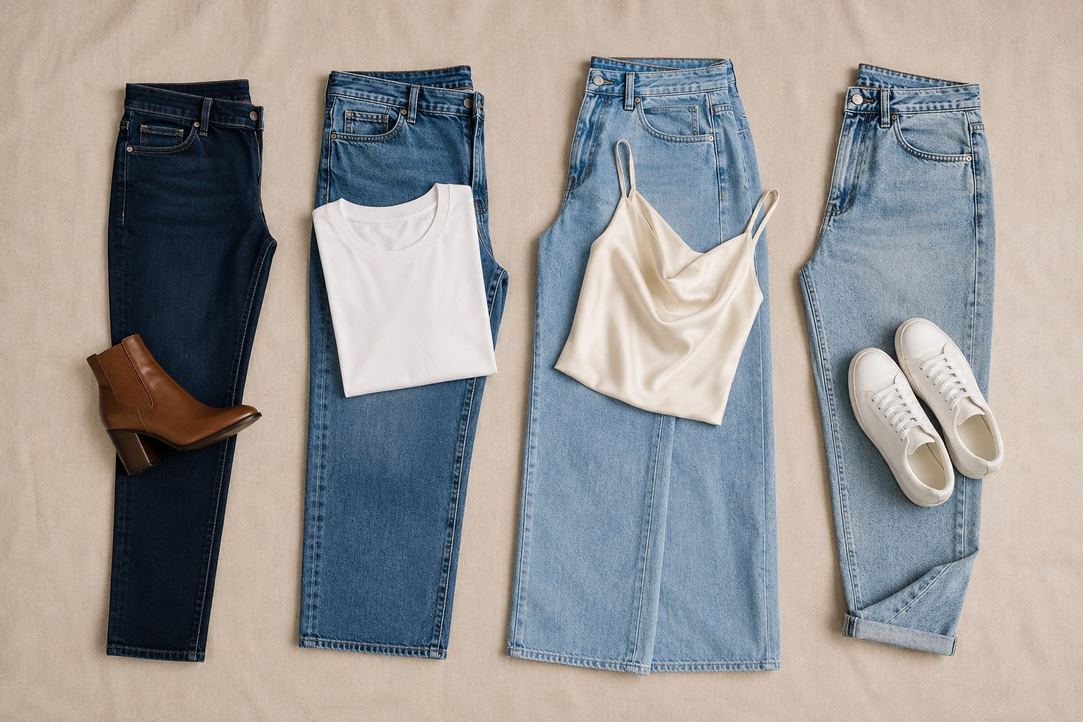 Composição editorial com diferentes tipos de calça jeans em fundo de linho bege, vista de cima