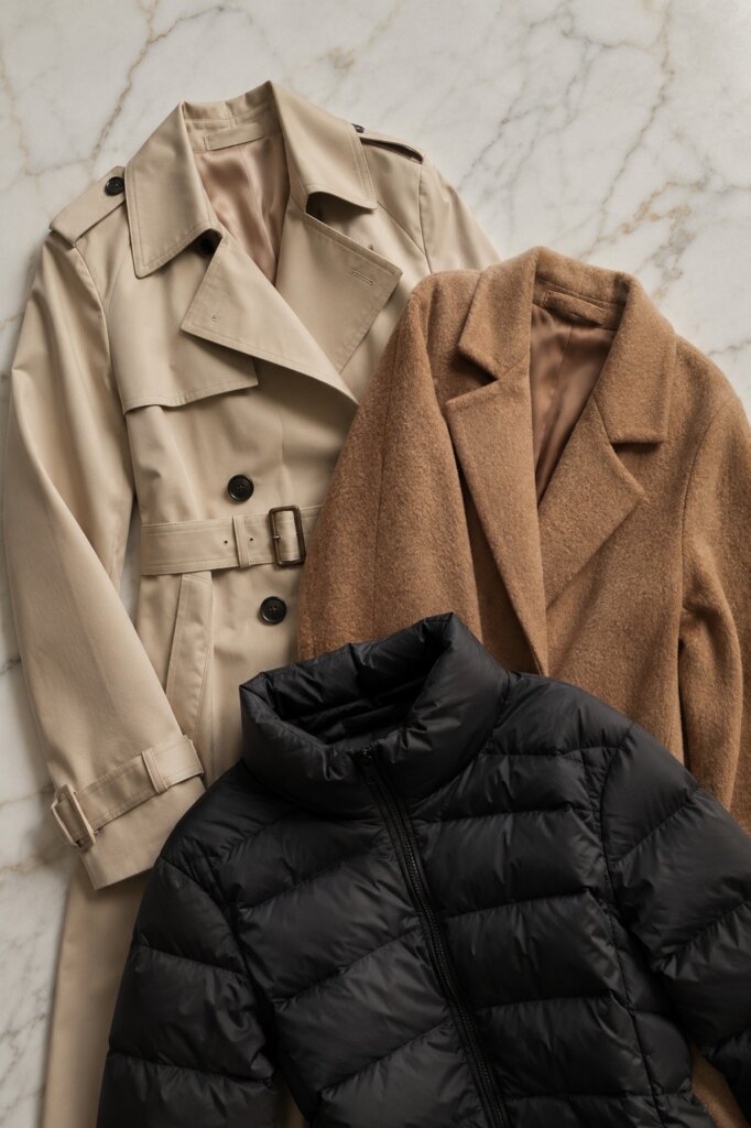 Flat lay editorial de três casacos essenciais: trench coat bege, casaco de lã caramelo e puffer preto