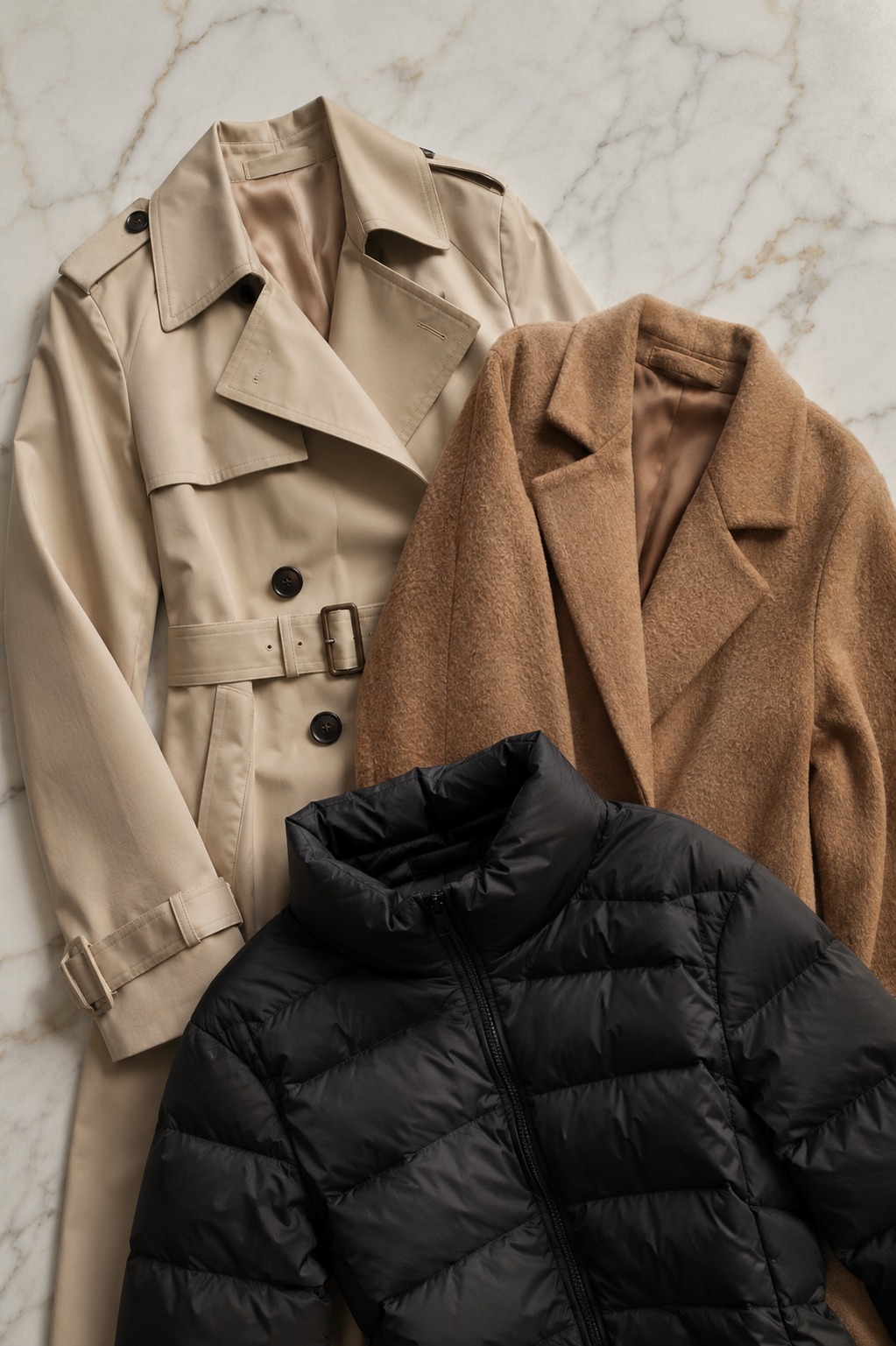 Flat lay editorial de três casacos essenciais: trench coat bege, casaco de lã caramelo e puffer preto