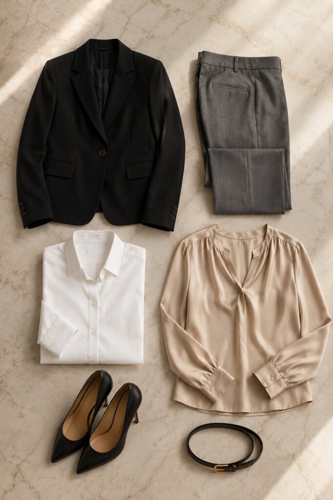 Flat lay de 6 peças de cápsula executiva: blazer, calças, camisas, scarpin e cinto
