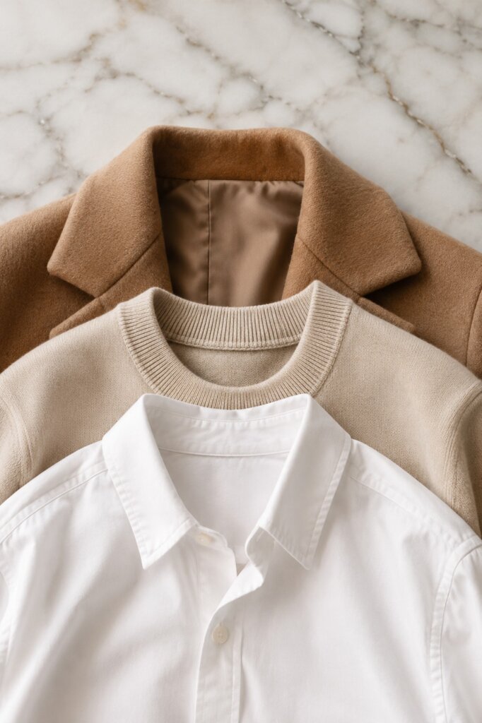 Flat lay editorial de três camadas: camisa branca, suéter bege fino e casaco de lã caramelo