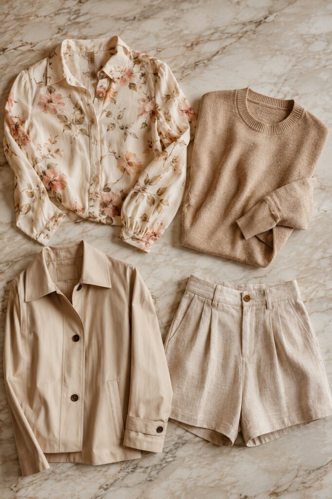 Flat lay editorial de quatro peças representando as estações: floral, suéter, casaco e short de linho