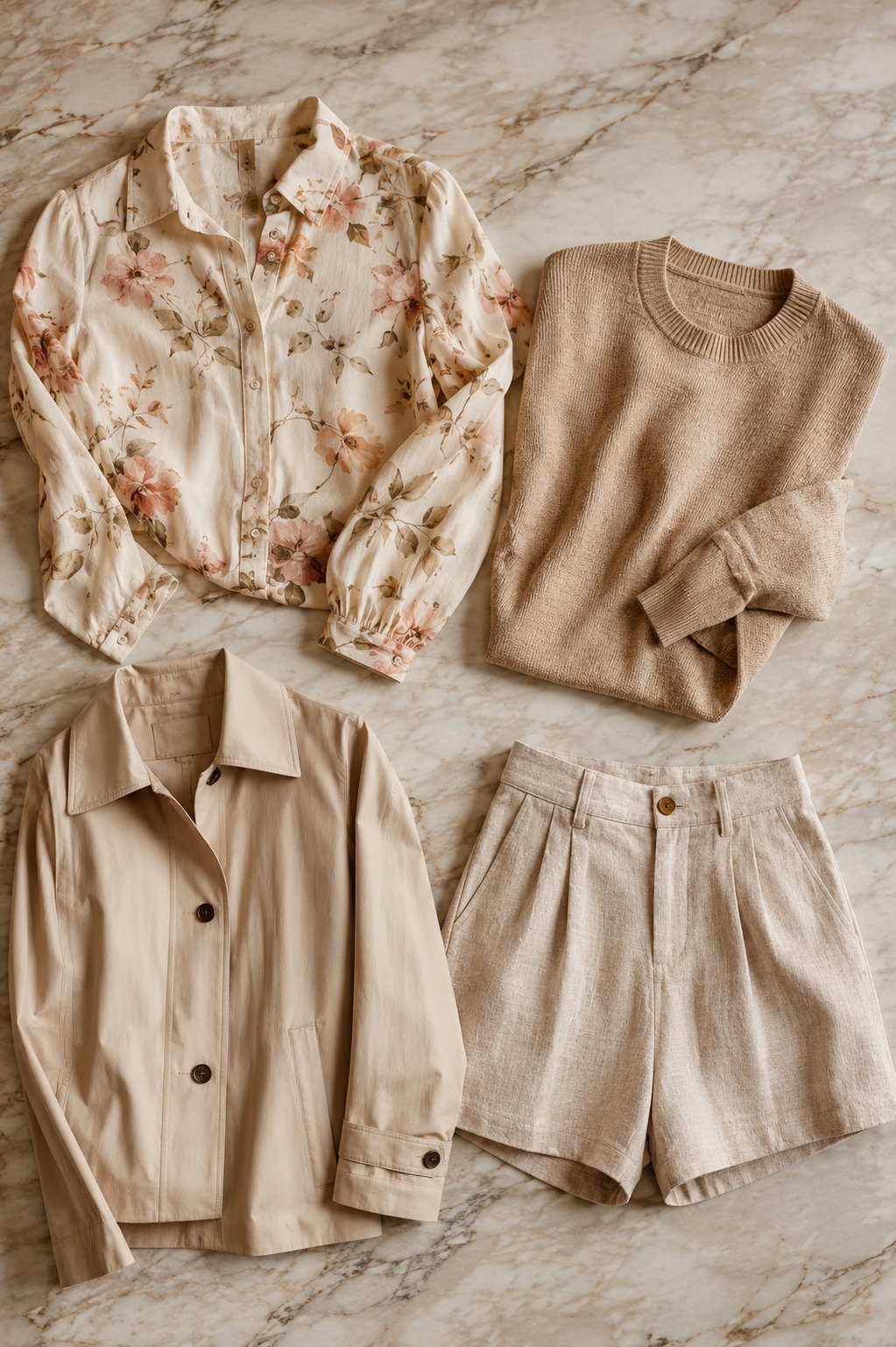 Flat lay editorial de quatro peças representando as estações: floral, suéter, casaco e short de linho