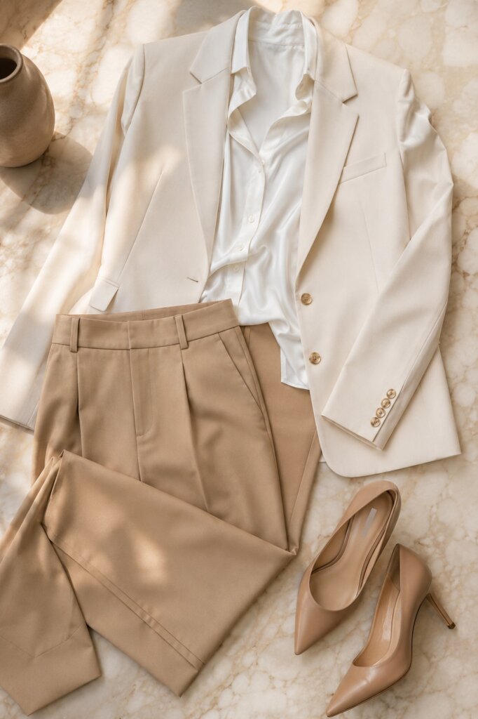 Flat lay de calça de alfaiataria bege, blazer off-white, camisa de seda e scarpin nude — look elegante