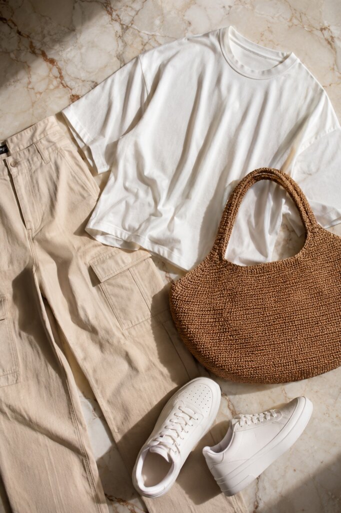 Flat lay de look casual chique: calça cargo bege, t-shirt branca oversized, tênis branco e bolsa de palha