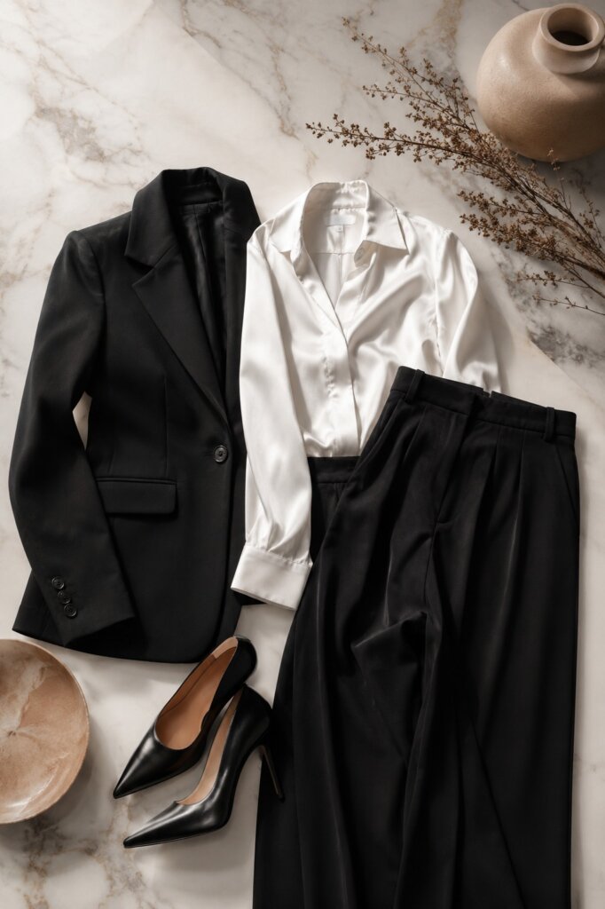 Flat lay de blazer de alfaiataria preto, calça pantalona, camisa branca e scarpin — power dressing