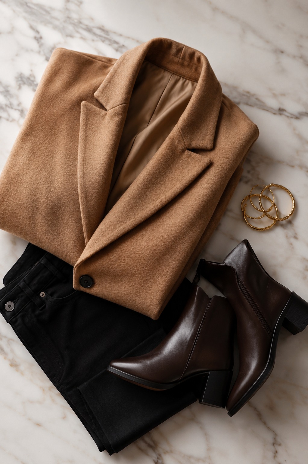 Flat lay editorial de looks de outono-inverno com casaco de lã caramelo, calça preta e bota de couro
