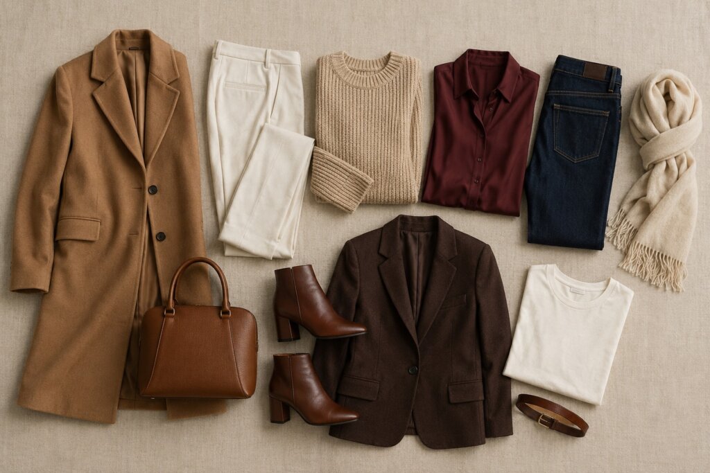 Flat lay editorial com as peças essenciais do guarda-roupa cápsula para o outono-inverno: casaco caramelo, blazer marrom, jeans escuro, blusa bordô, suéter bege, calça off-white, bolsa e ankle boots