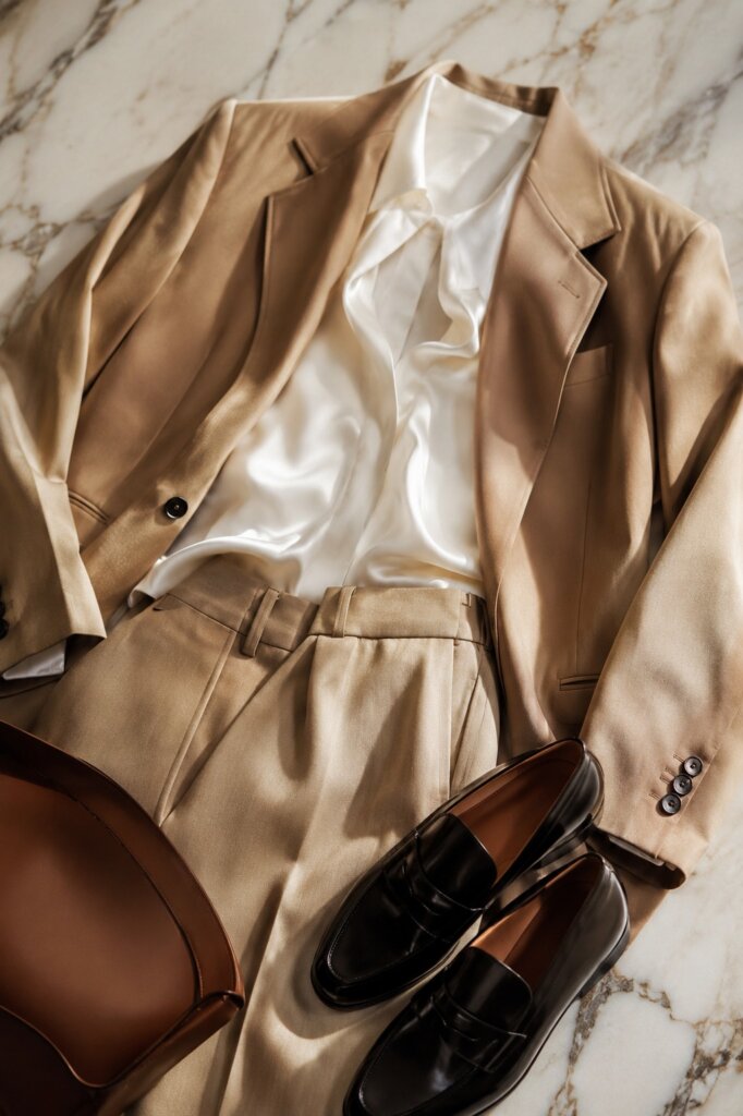Flat lay de tendência corporativa 2026: conjunto oversized bege, camisa de seda e loafer preto