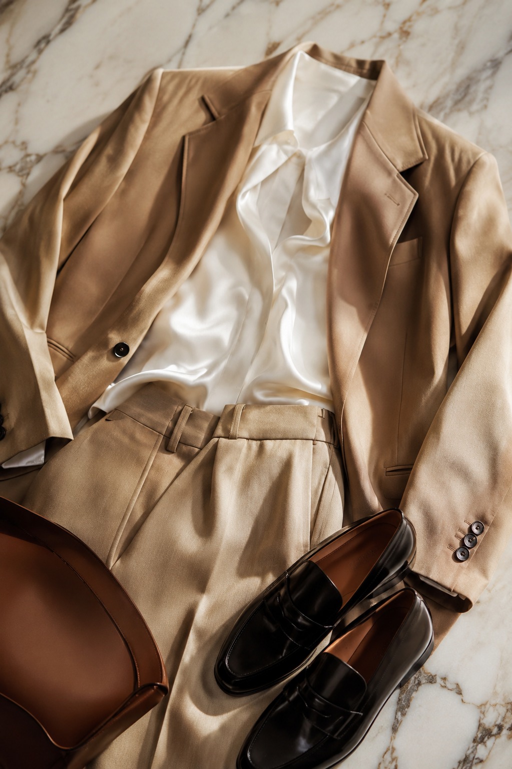 Flat lay de tendência corporativa 2026: conjunto oversized bege, camisa de seda e loafer preto