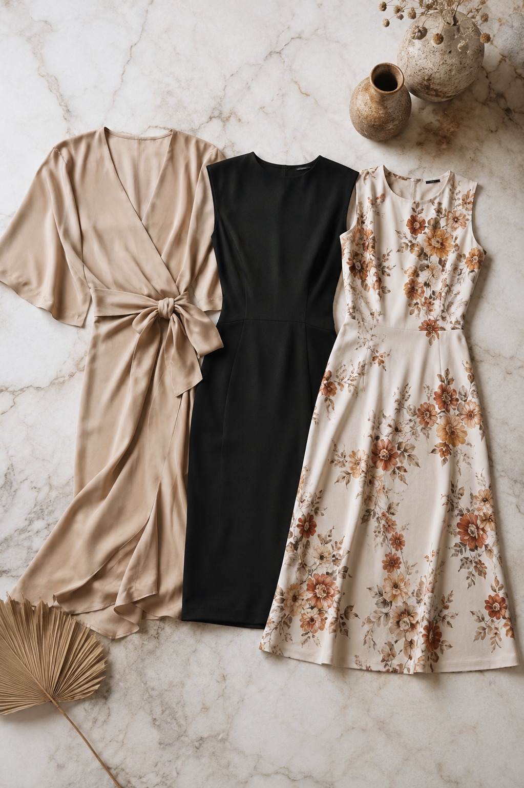 Flat lay editorial de três vestidos: wrap midi bege, vestido reto preto e vestido evasê floral
