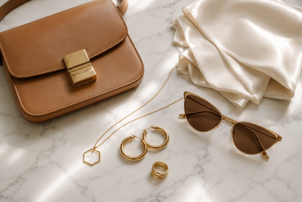 Flat lay editorial com bolsa de couro caramelo, colar dourado, brincos argola, óculos cat-eye e lenço de seda sobre mármore branco