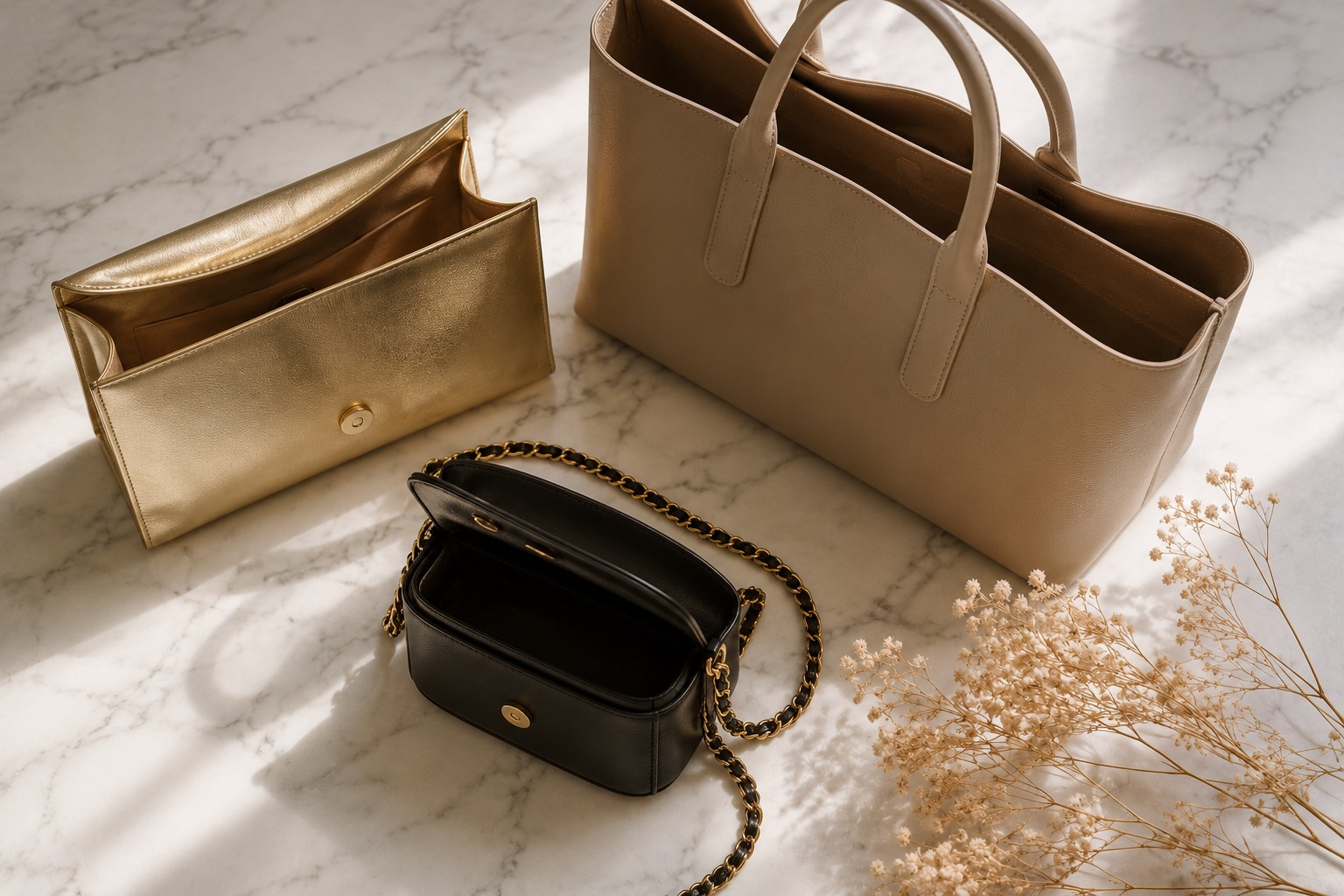 Flat lay editorial com clutch dourada, bolsa tote bege em couro e mini bag preta com corrente dourada sobre mármore branco