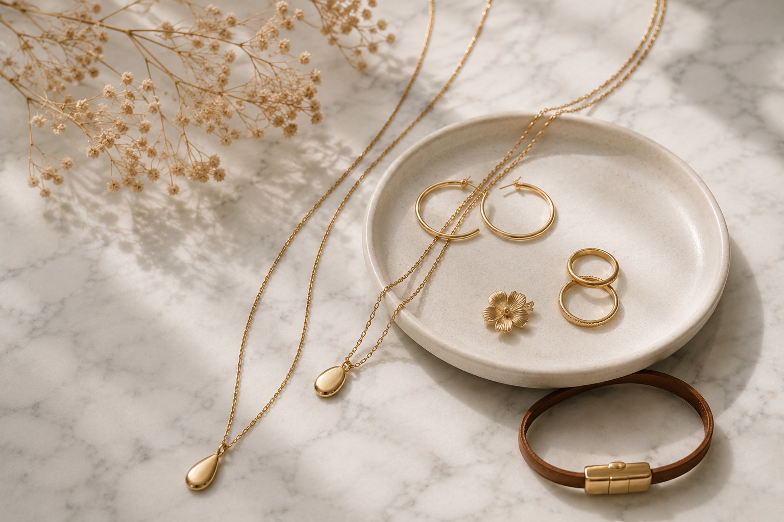 Flat lay editorial de joias femininas com colares dourados de comprimentos diferentes, brincos argola, anéis e pulseira sobre mármore branco