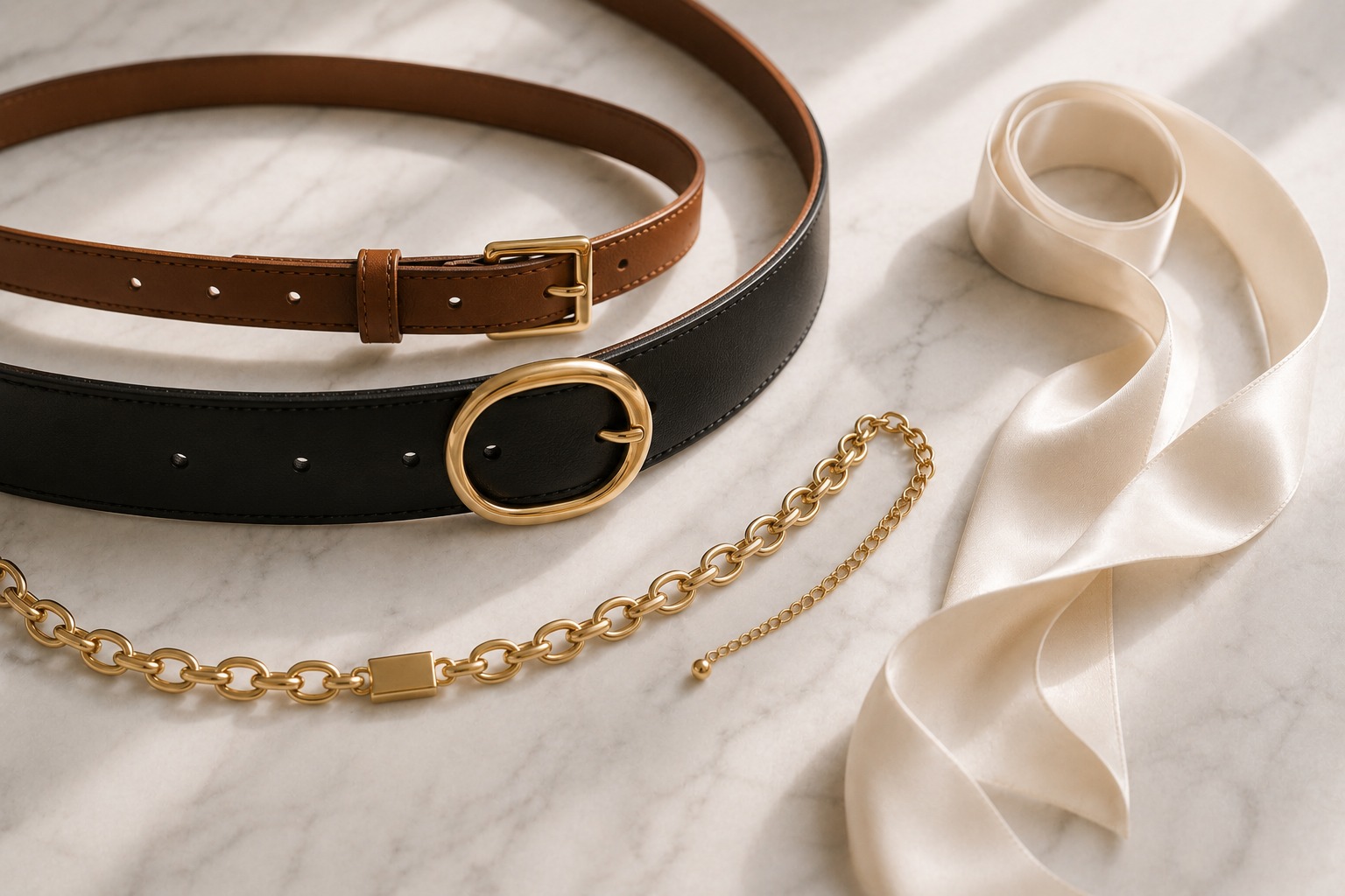 Flat lay editorial com três cintos femininos — cinto fino de couro caramelo, cinto largo preto e cinto de corrente dourada — sobre mármore branco