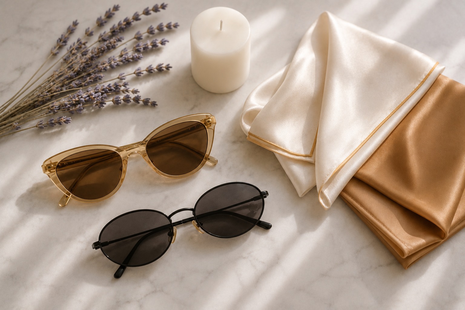 Flat lay editorial com dois pares de óculos de sol femininos — cat-eye dourado e oval preto — e dois lenços de seda off-white e caramelo sobre mármore branco