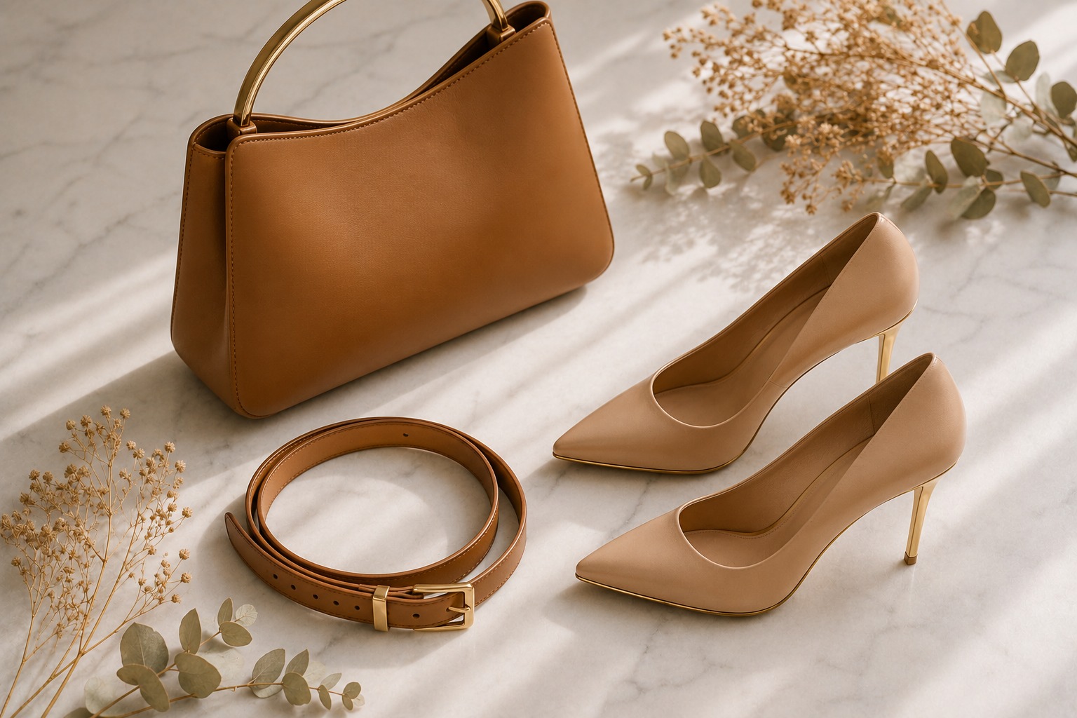 Flat lay editorial com bolsa de couro caramelo, scarpin nude e cinto fino caramelo formando conjunto monocromático harmonioso sobre mármore branco