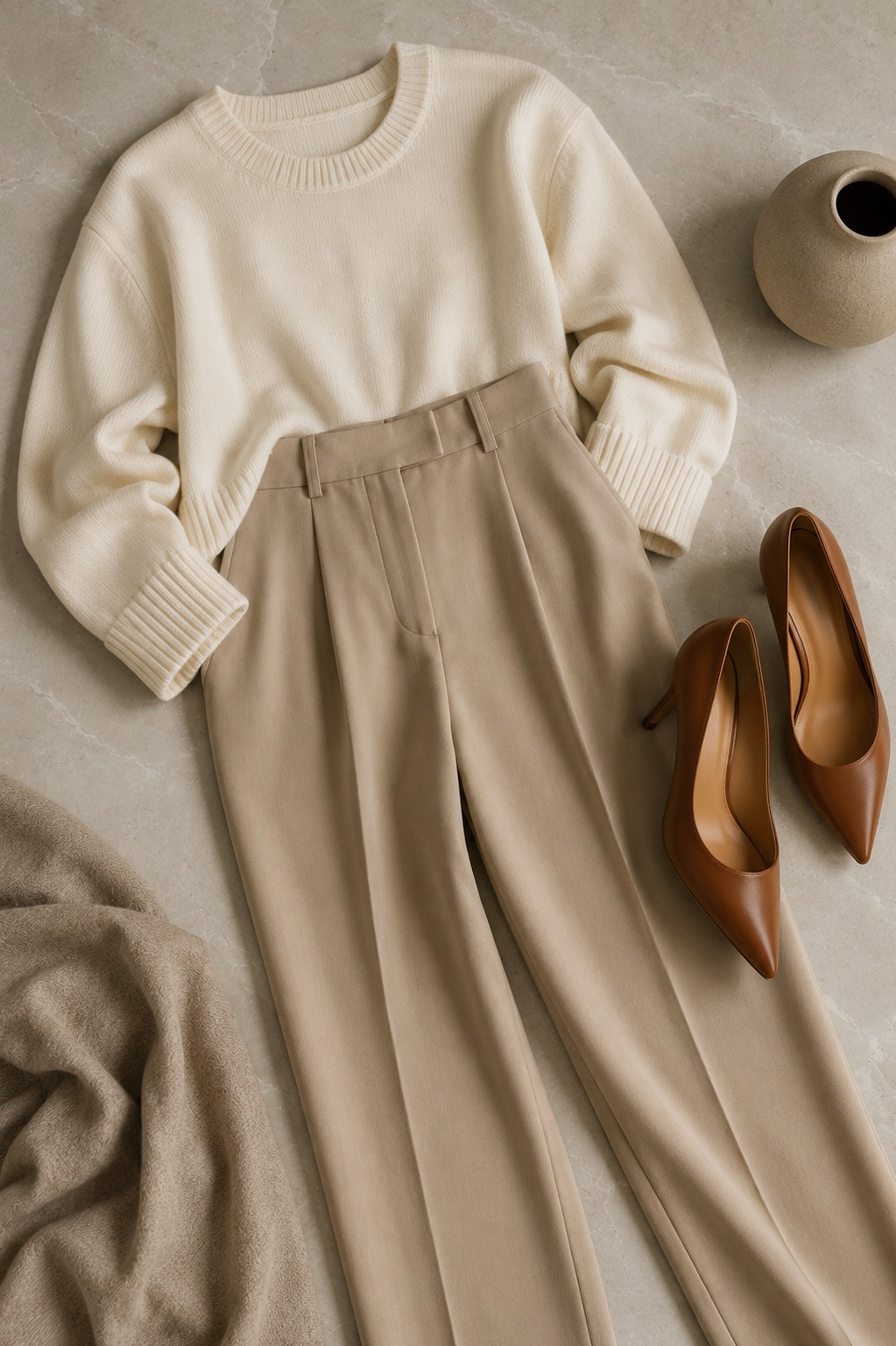 Flat lay de look de manhã elegante: calça reta bege e blusa de tricô off-white com scarpin caramelo