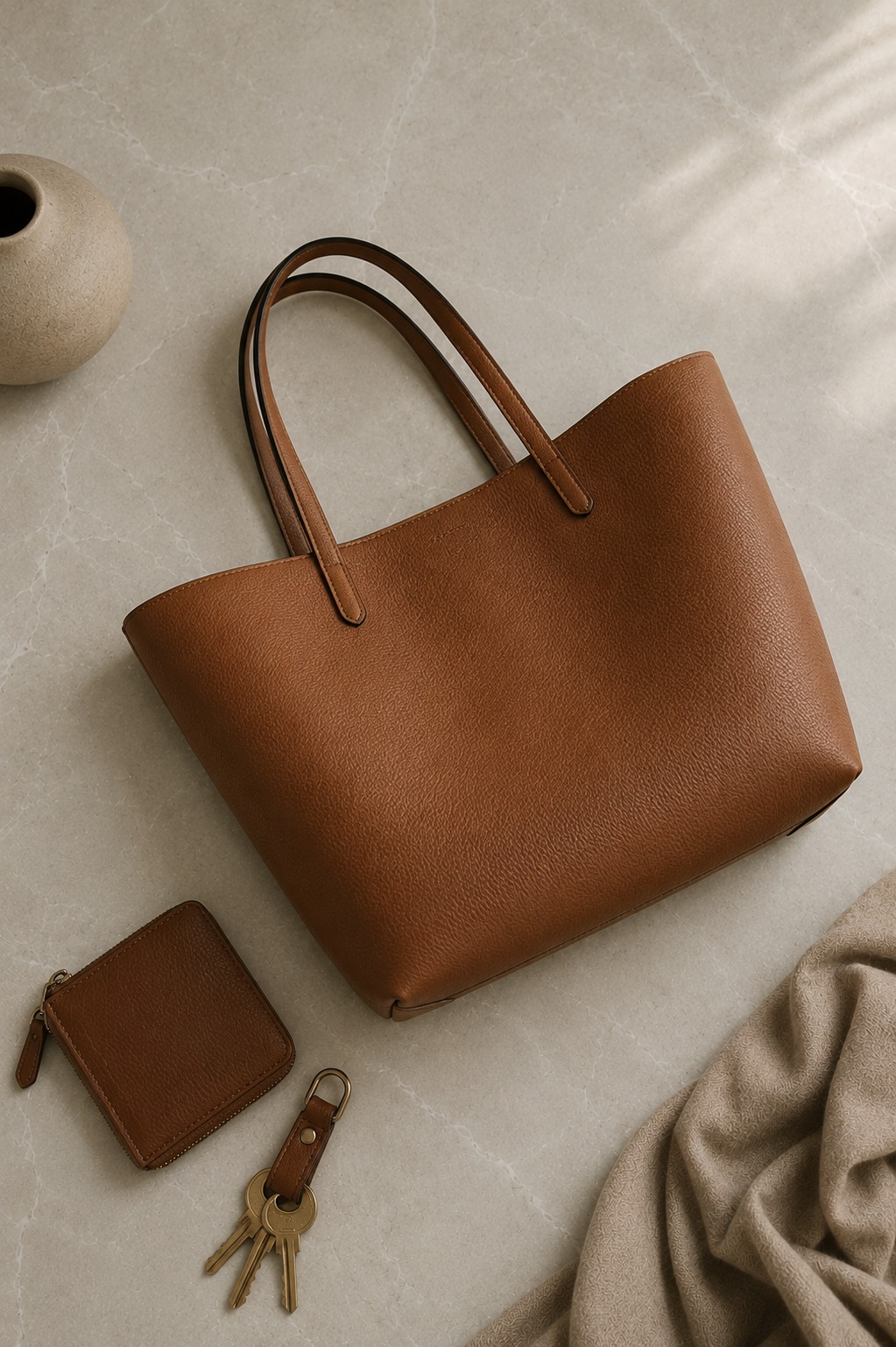 Flat lay de bolsa tote de couro caramelo estruturada — a bolsa coringa para o dia a dia elegante