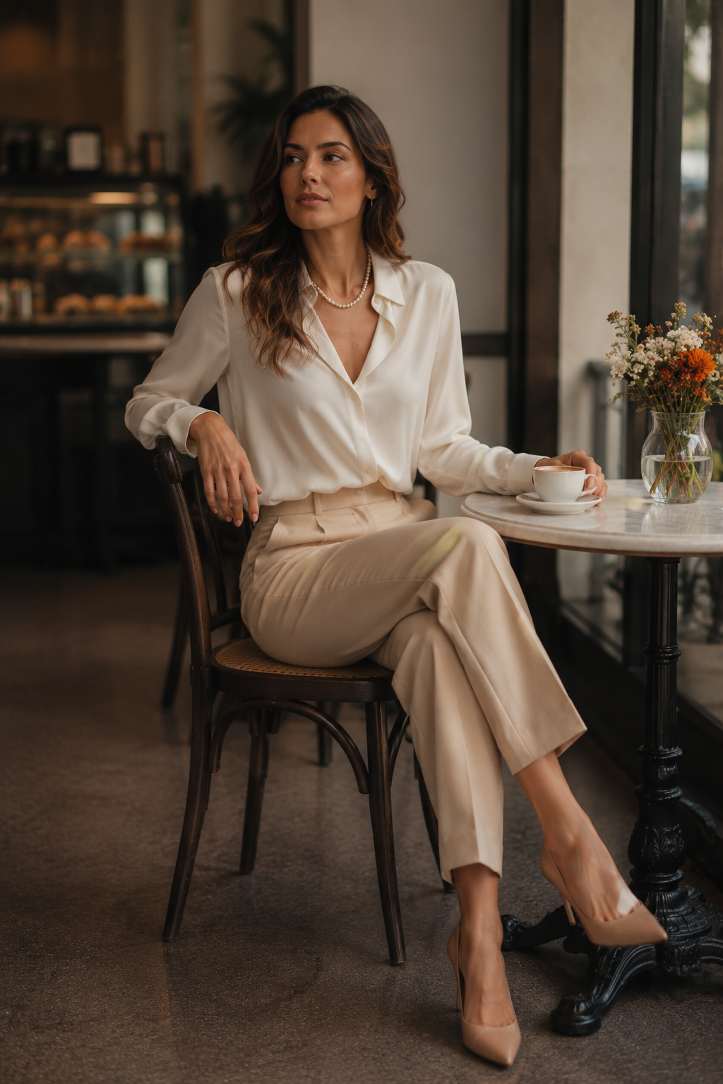Look de elegância no cotidiano — café e trabalho