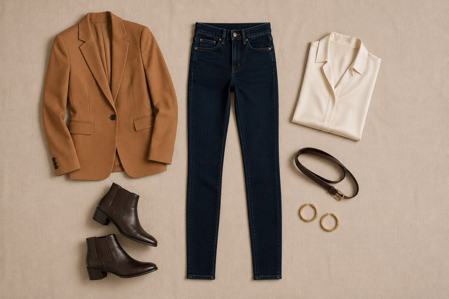 Composição editorial com calça jeans justa escura, blusa de gola alta preta, scarpin e bolsa transversal em fundo de linho bege