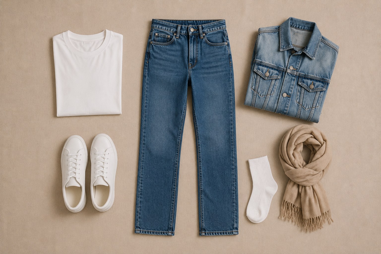 Composição editorial com calça jeans reta azul médio, camisa branca, cinto e tênis branco em fundo de linho bege