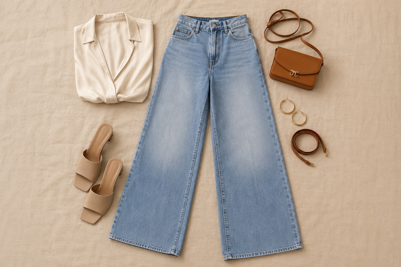 Composição editorial com calça jeans de perna larga azul claro, blusa de seda, sandália de salto e bolsa estruturada em fundo de linho bege