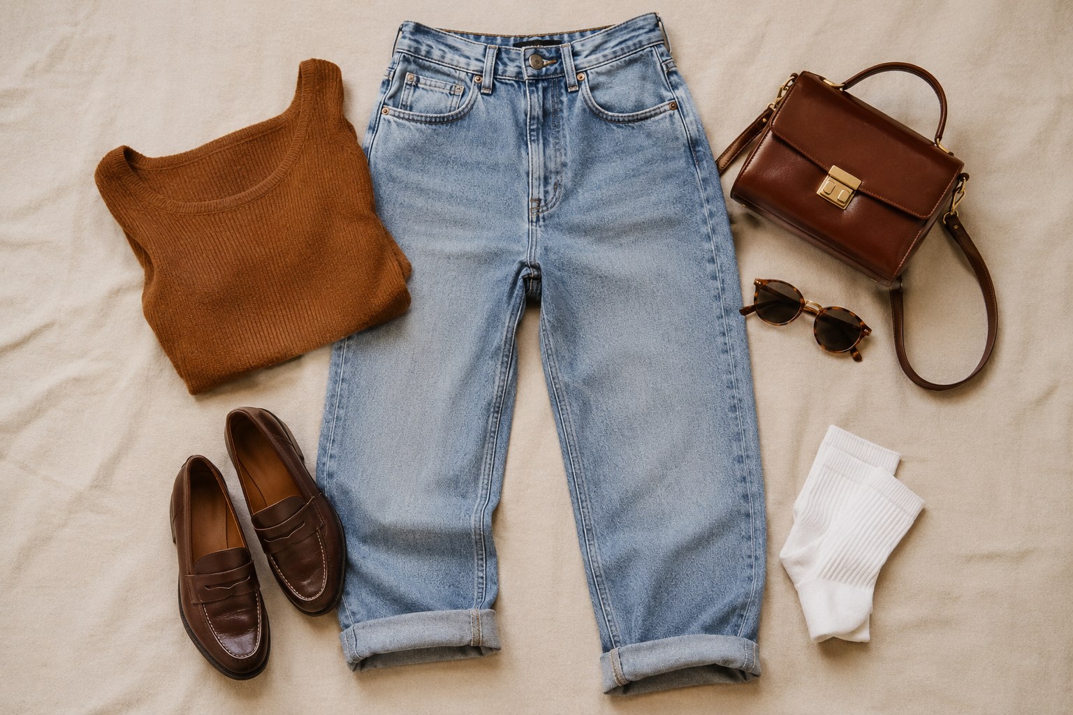 Composição editorial com calça jeans cós alto desbotada, cropped de malha caramelo, mocassim de couro e bolsa pequena estruturada em fundo de linho bege