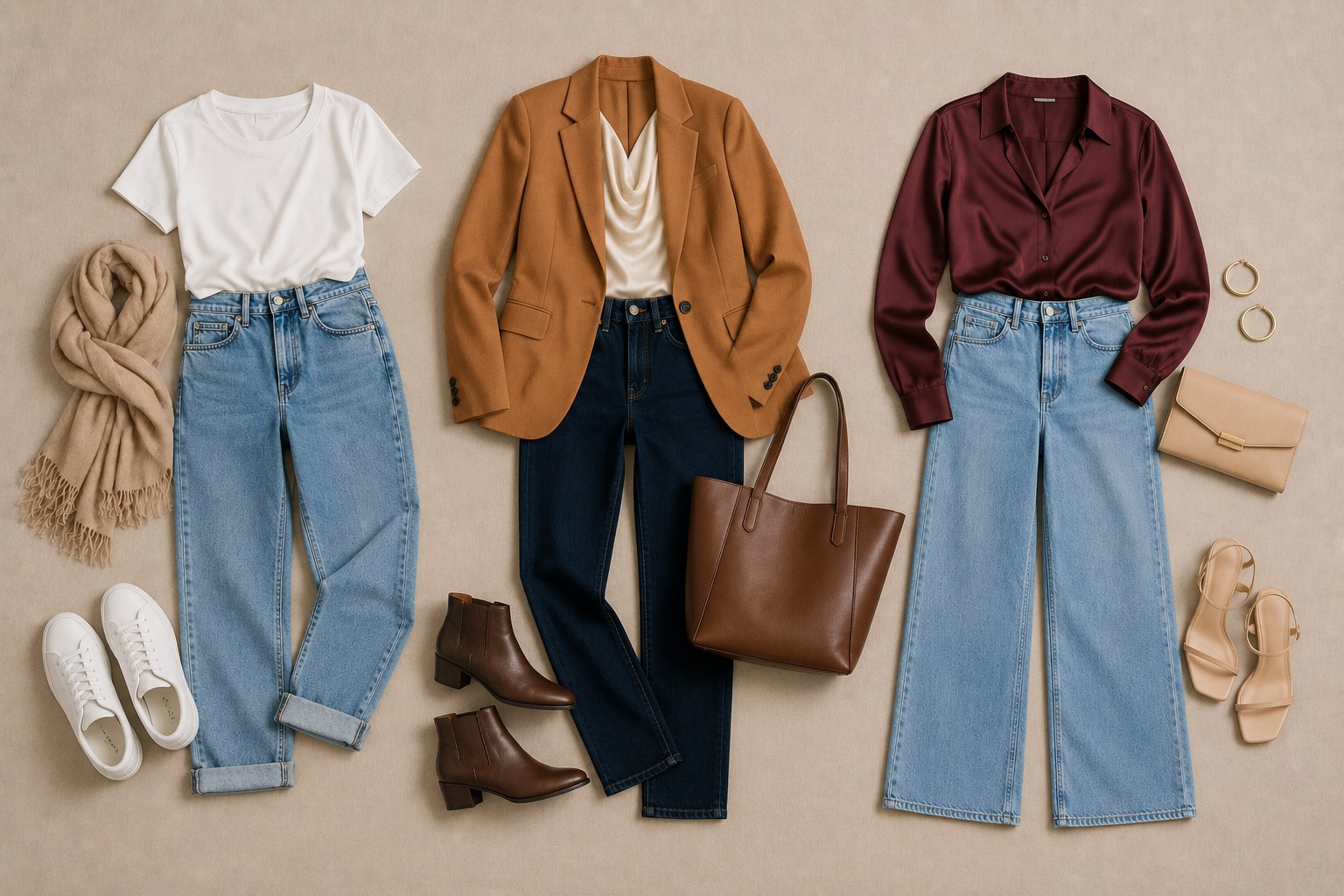 Composição editorial com três visuais completos com jeans lado a lado: visual casual, visual trabalho com blazer caramelo e visual noite elegante com perna larga
