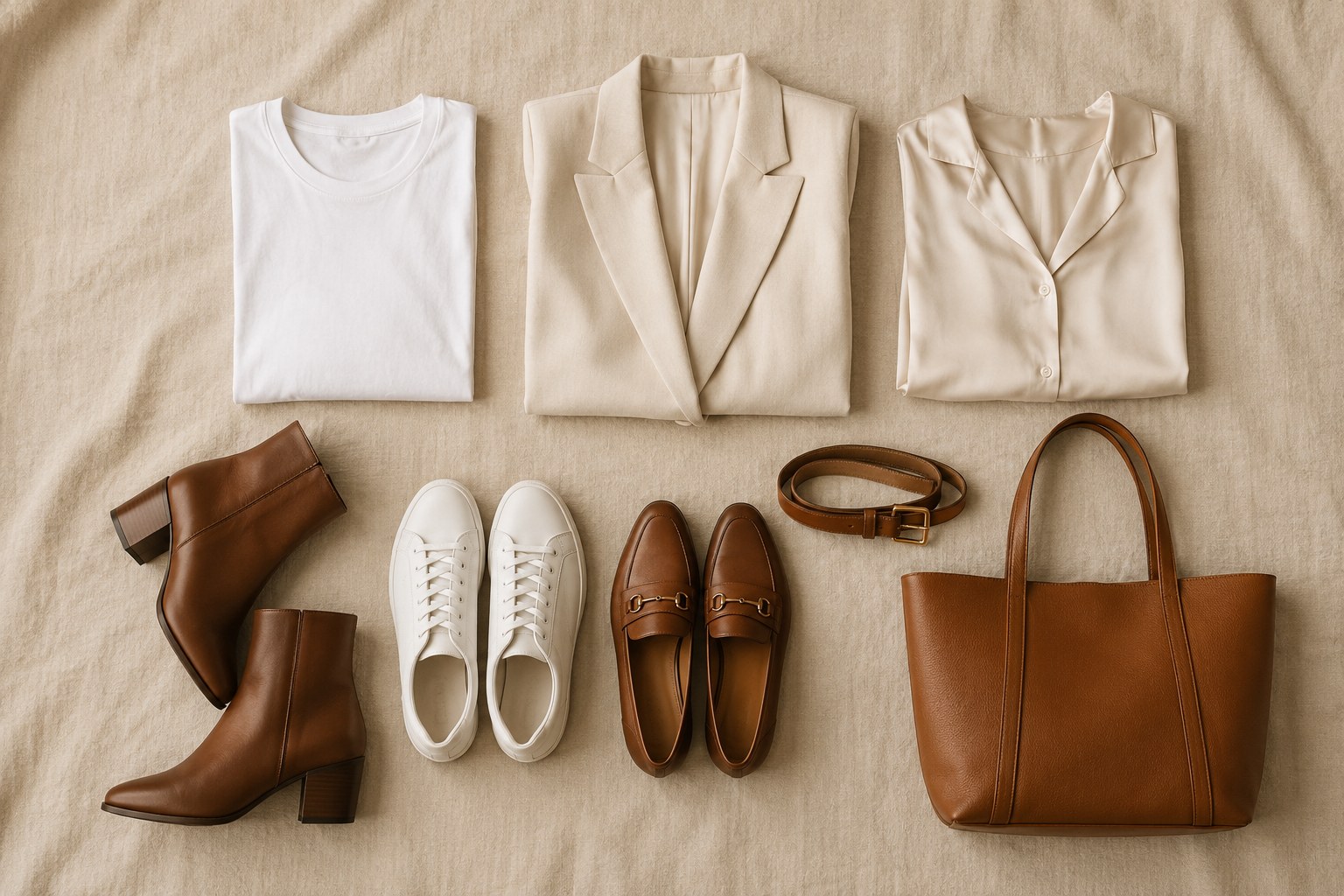 Composição editorial com peças essenciais para combinar com jeans: blazer, camiseta branca, blusa de seda, cinto e acessórios em fundo de linho bege