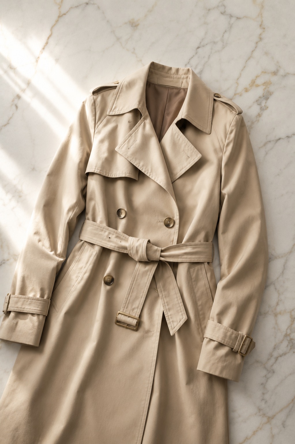 Flat lay de trench coat bege clássico com cinto amarrado e botões dourados visíveis