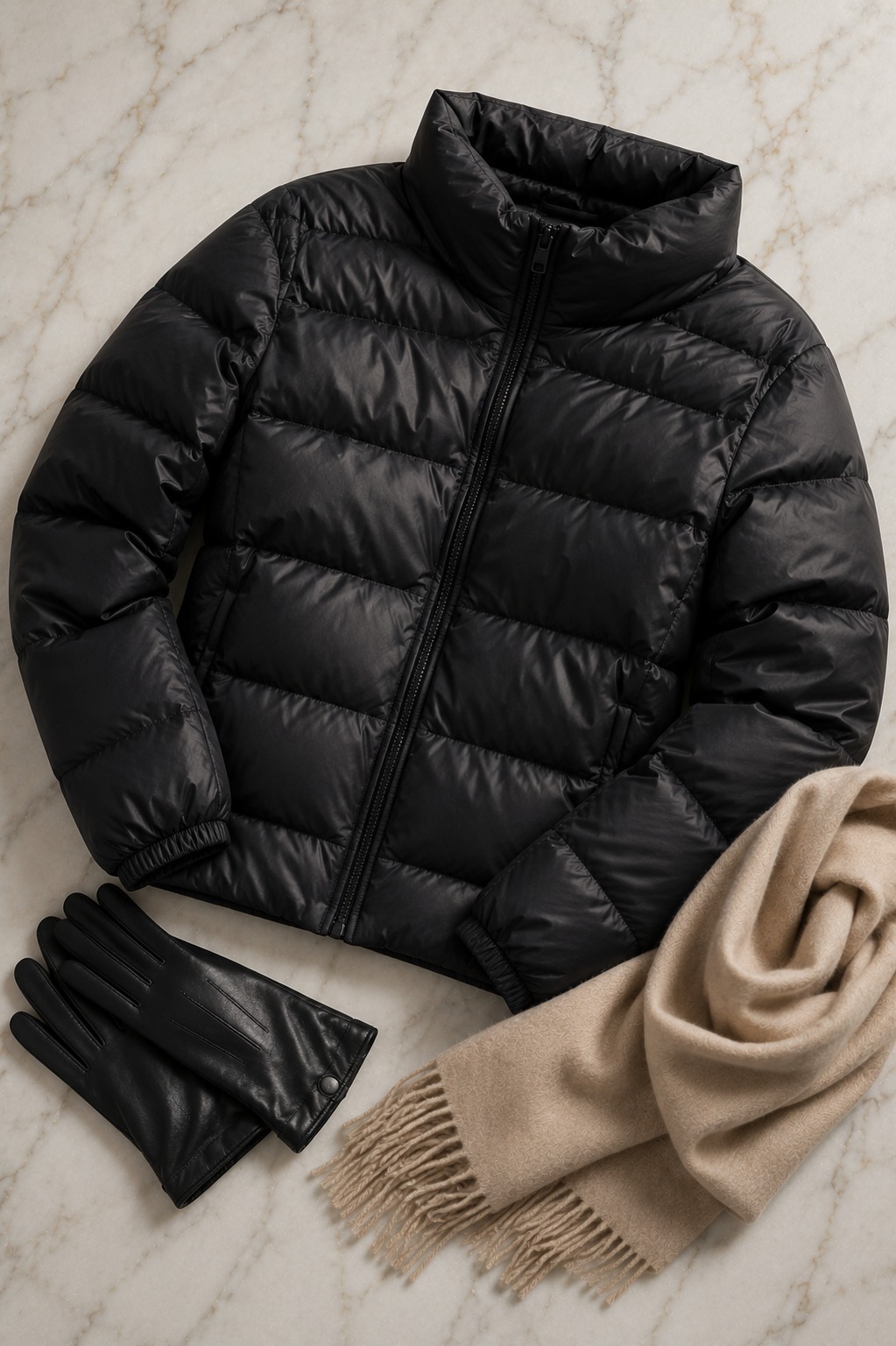 Flat lay de puffer jacket preto brilhante com luvas de couro e cachecol de cashmere bege