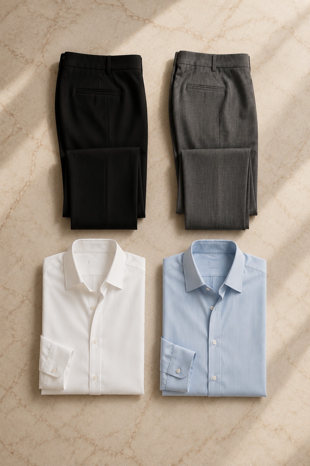 Flat lay de peças neutras: calças preta e cinza com camisas branca e azul-claro