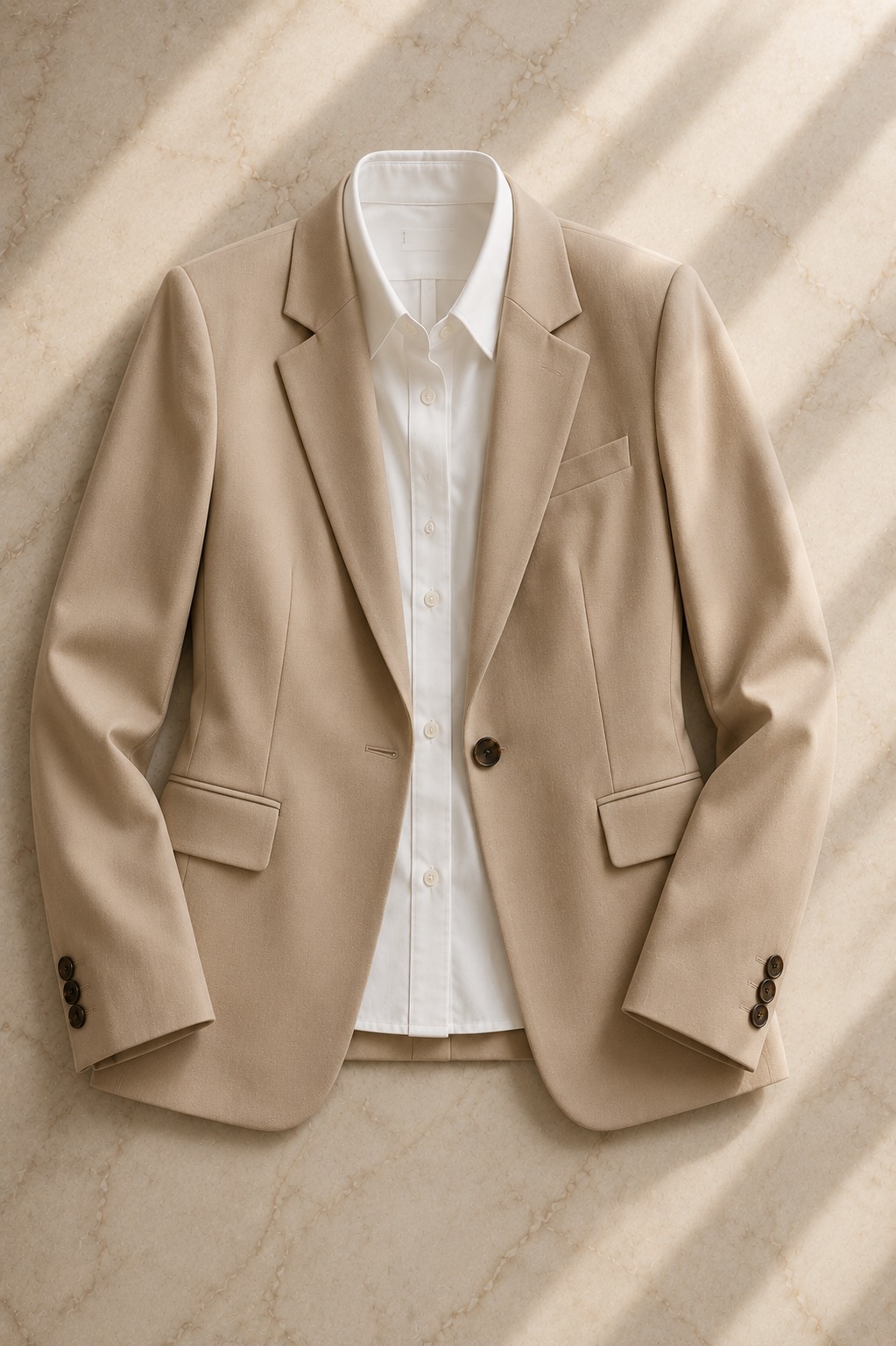 Flat lay de blazer bege com camisa branca — a combinação mais versátil do executivo feminino