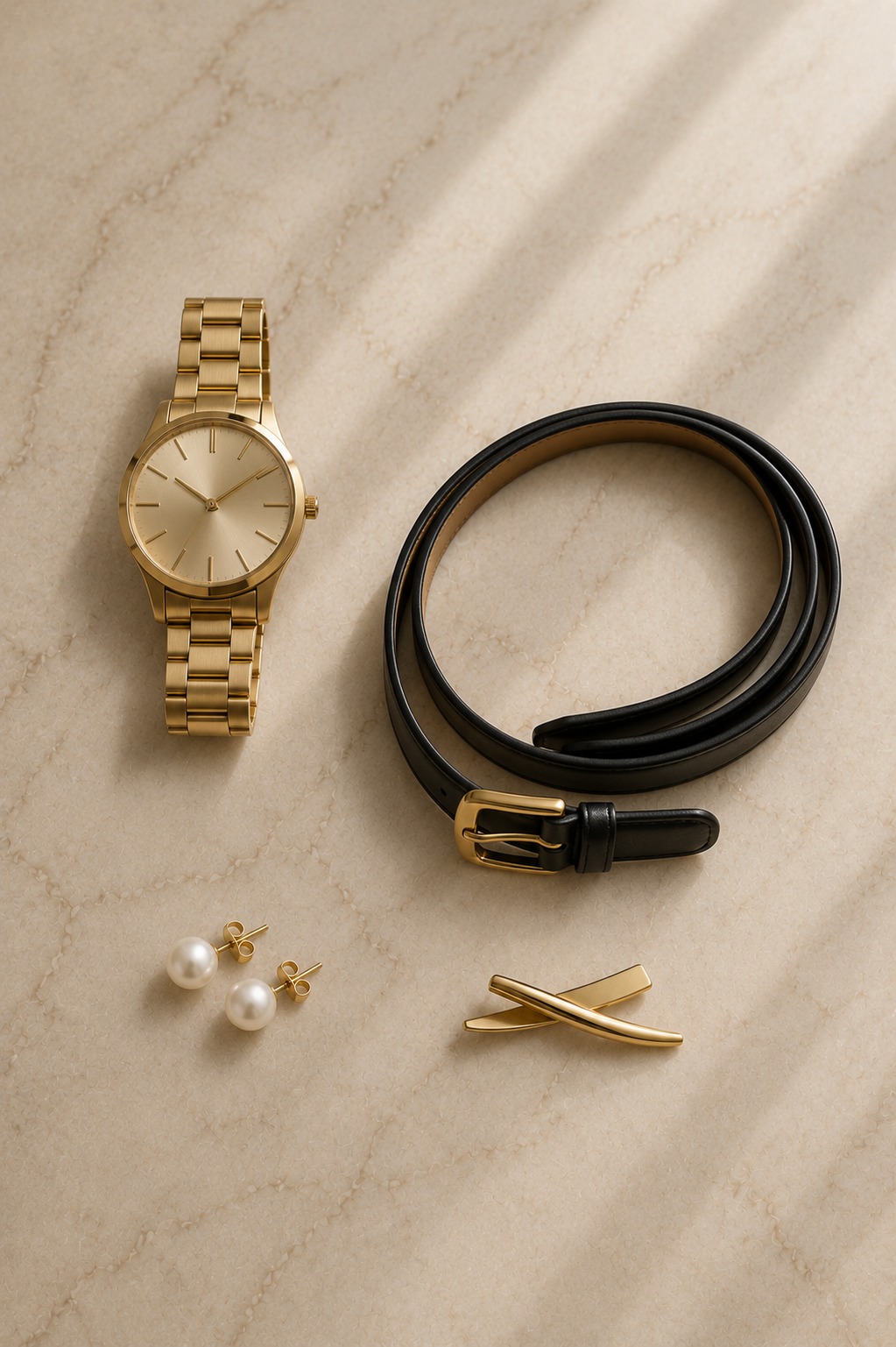 Flat lay de acessórios executivos: relógio dourado, cinto, brinco de pérola e broche
