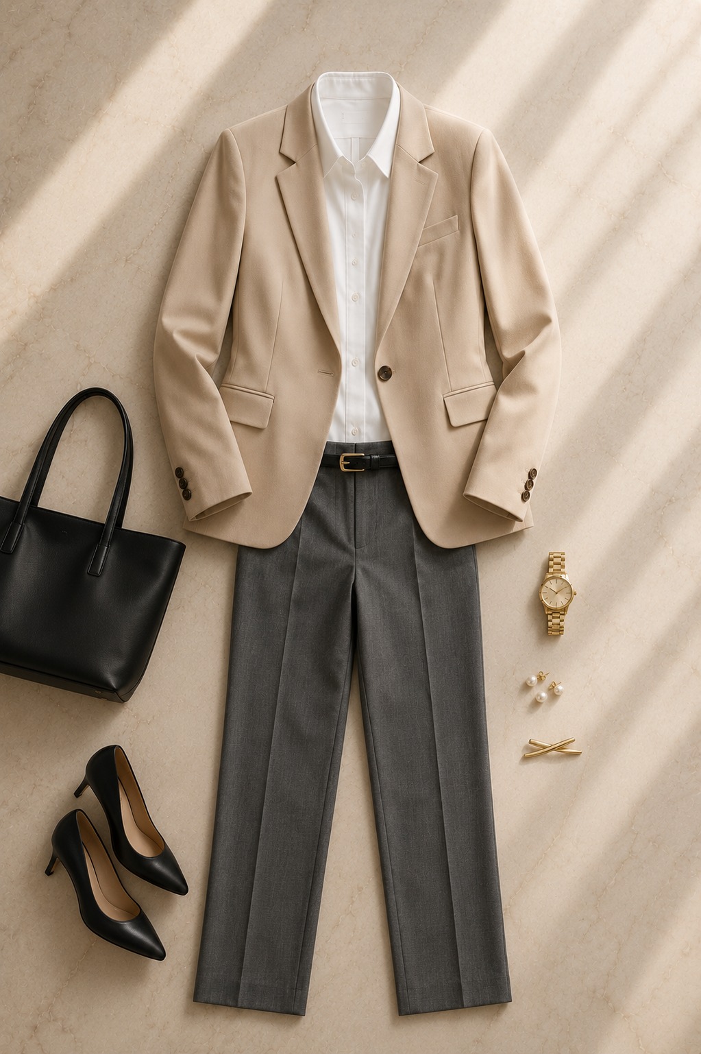Flat lay de look executivo finalizado com todas as peças organizadas como silhueta