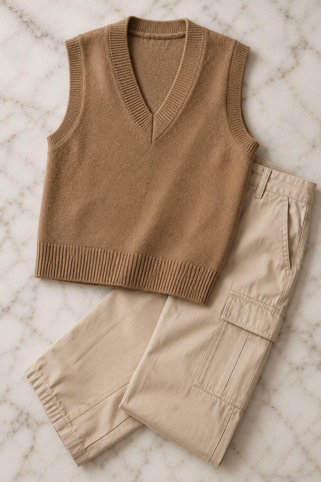Flat lay de colete de tricô caramelo sobre calça cargo bege — a segunda camada de layering