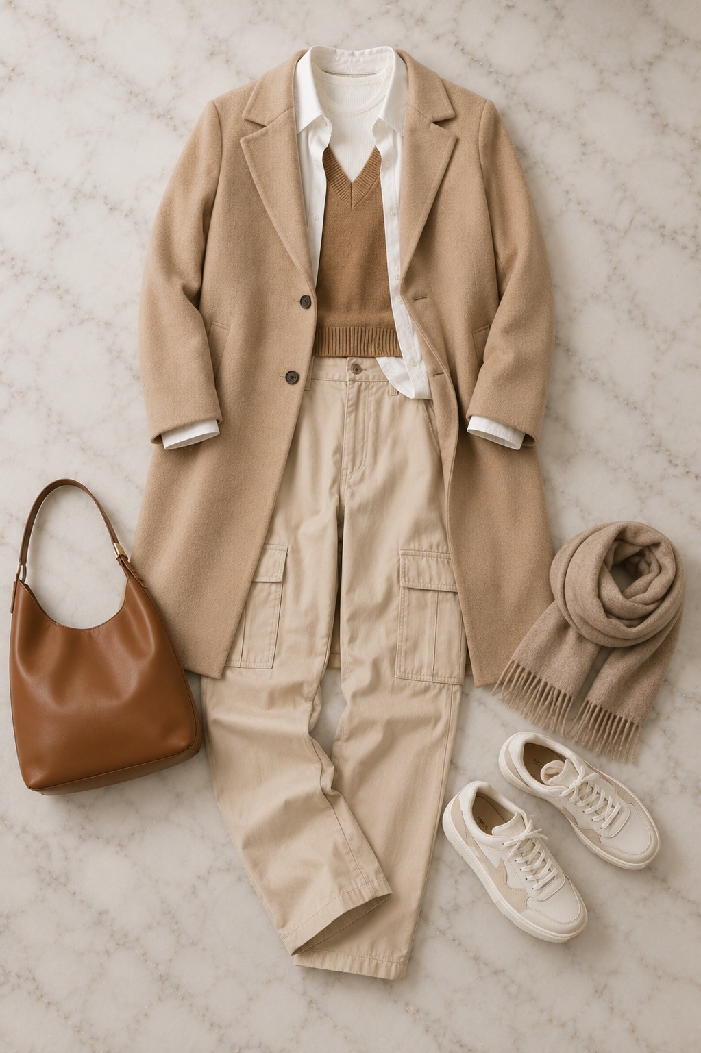 Flat lay do look de layering finalizado com todas as peças organizadas em silhueta