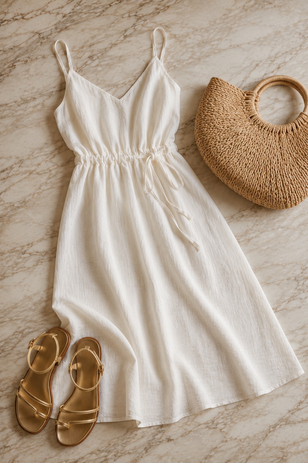 Flat lay de look casual de verão: vestido de linho branco, sandália dourada e bolsa de palha