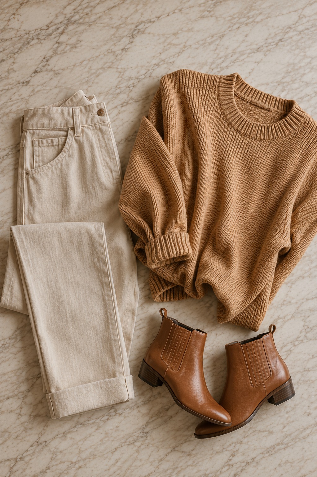 Flat lay de look casual de outono: calça bege, suéter de tricô caramelo e bota cano curto