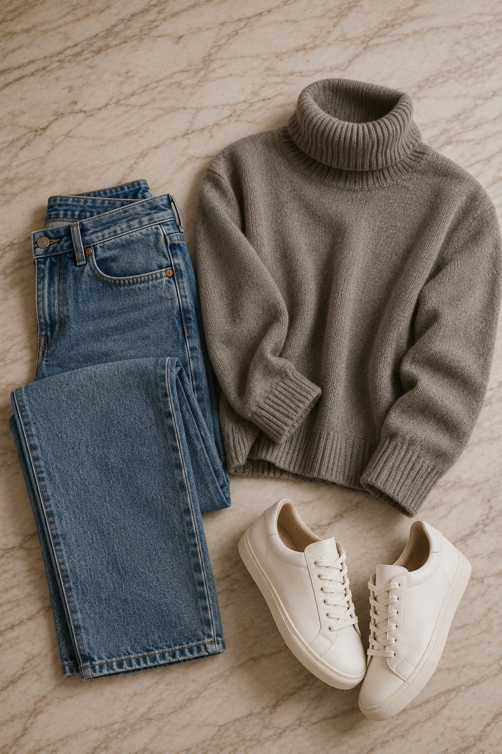Flat lay de look casual de inverno: calça jeans reta, turtleneck cinza e tênis de couro branco