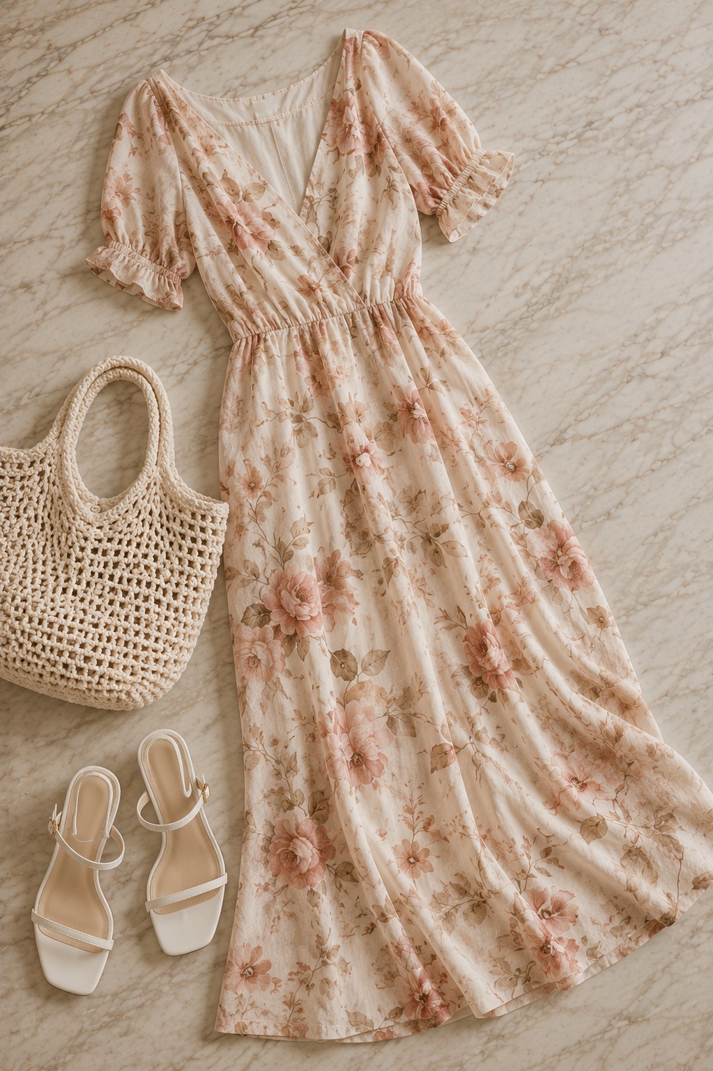 Flat lay de look casual de primavera: vestido midi floral leve em tons de bege e rose com sandália branca