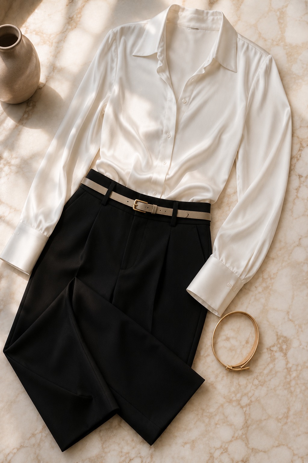 Flat lay de calça preta, blusa de seda branca e cinto dourado — a fórmula básica da elegância