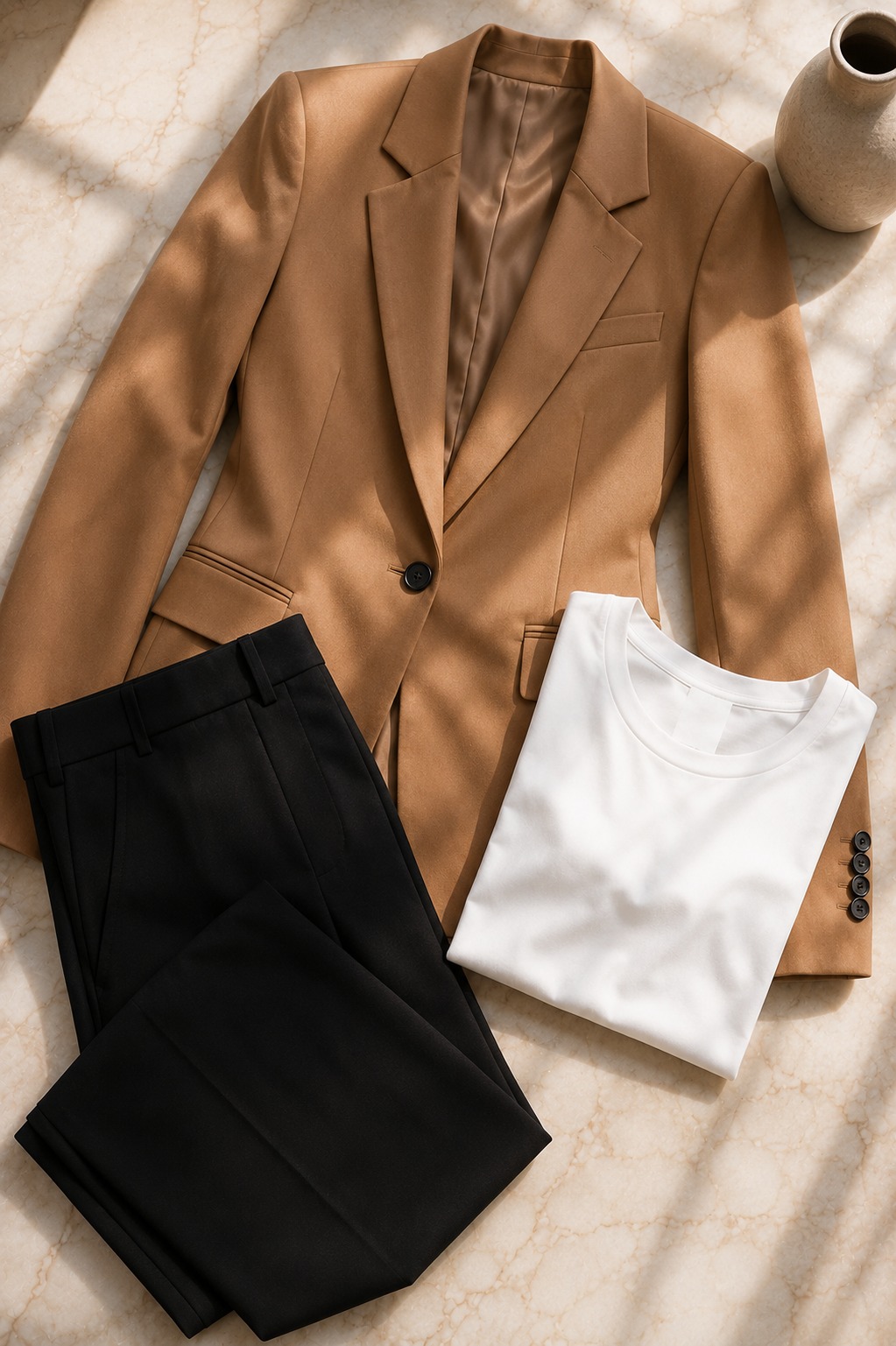Flat lay de blazer de alfaiataria caramelo como peça central com t-shirt branca e calça preta